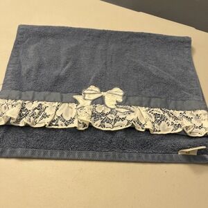 Vintage Hand Towel‎ Elizabeth Gray JC Penney Denim Blue Ivory Lace Satin Bow